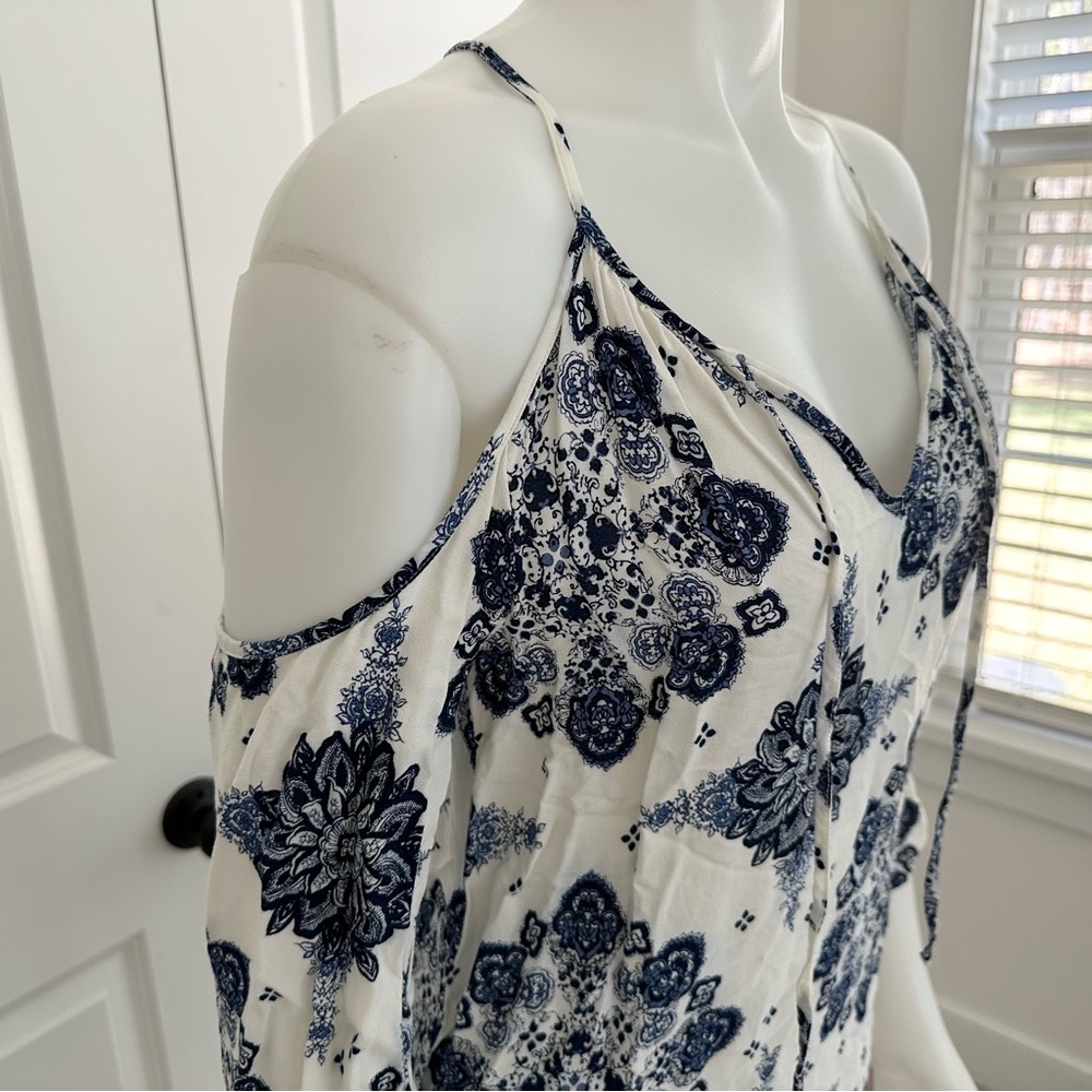 Blue & White Floral Paisley Print Boho Festival Cutout Dress - Picture 4 of 17